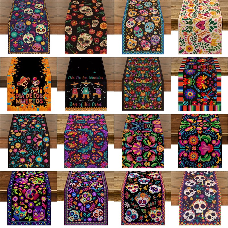 墨西哥亡灵节桌旗花朵骷髅印花餐桌布万圣节装饰客厅电视柜桌布
