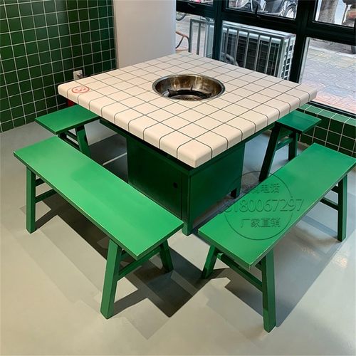 有拈头火锅桌实木大理石串串香餐馆用电磁炉一体市井火锅桌椅组合