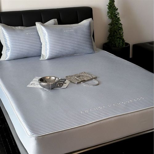 夏季简约条纹提花刺绣冰丝席三件套A类可机洗养生空调软凉席床笠