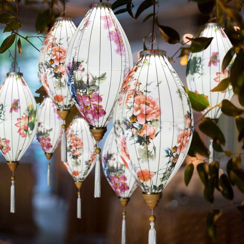 橄榄绸缎花款灯笼古风网红打卡布置户外防水装饰印花景区吊顶宫灯