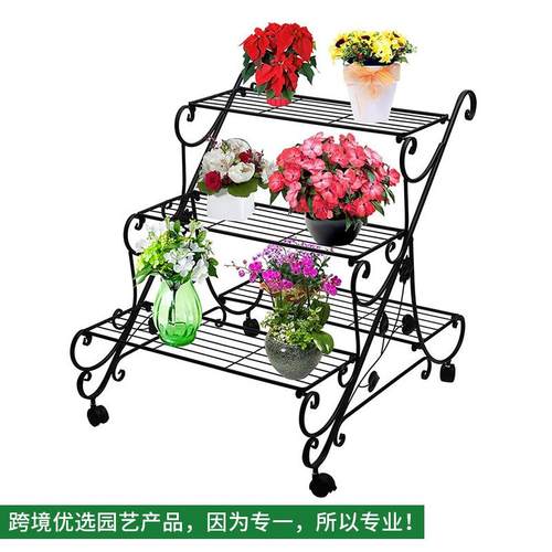 欧式经典复古三层铁艺花架室内外带轮可移动园艺置物架装饰摆件