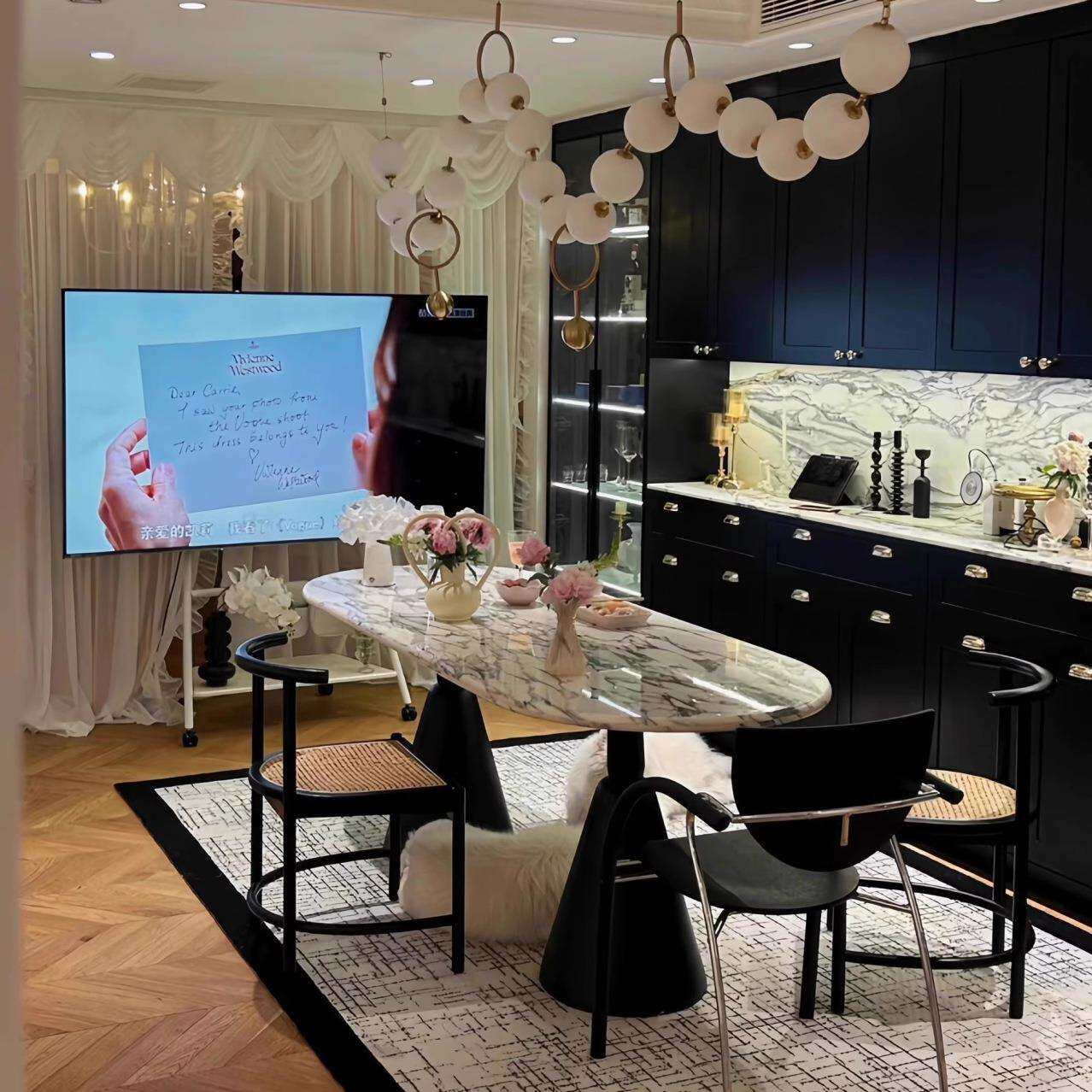 天然大理石餐桌圆形极简现代复古小户型法式圣杯微晶石吃饭长桌子