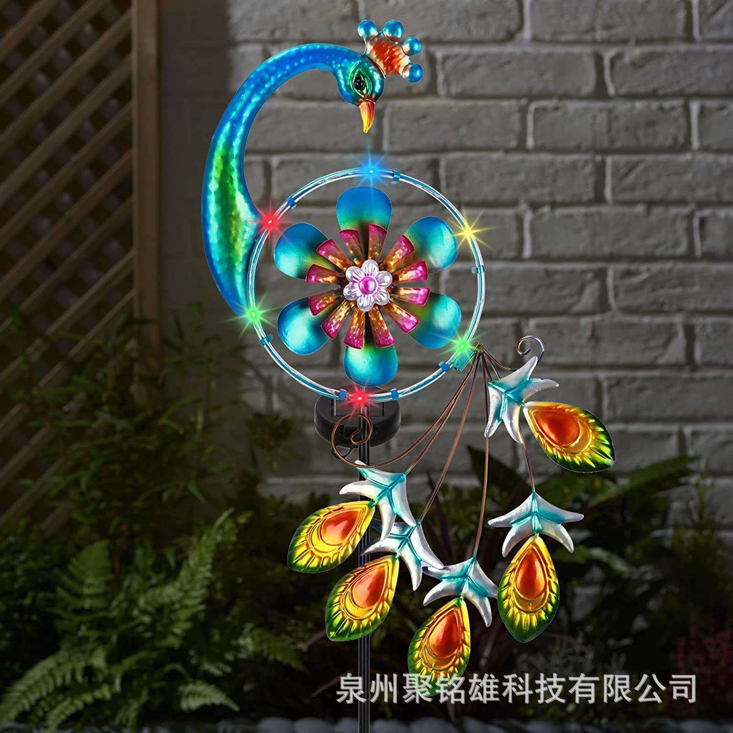 跨境太阳能孔雀灯LED风车铁艺孔雀装饰灯户外庭院金属孔雀风车