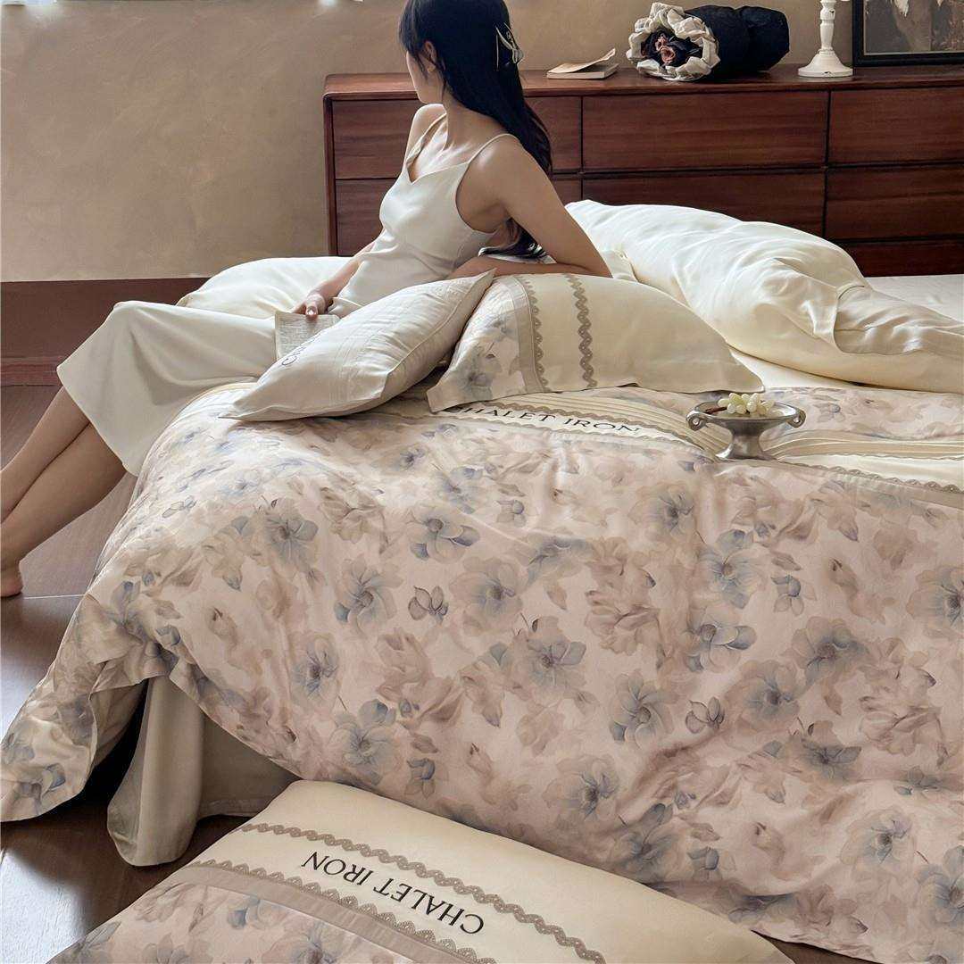 法式复古风刺绣拼接丝滑凉感透气床品夏季兰精莱赛尔天丝四件套