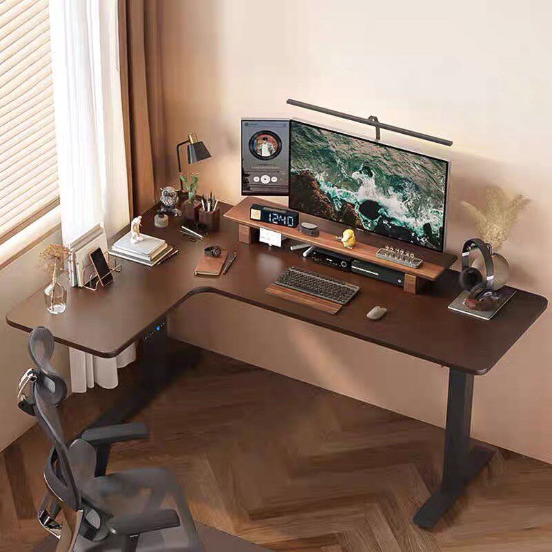 转角实木大书桌电动升降桌子l型电脑办公桌拐角黑胡桃书房办公室