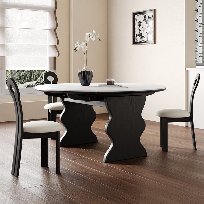 中古风实木折叠餐桌伸缩可变圆桌圆形2024新款黑色高端家庭小户型