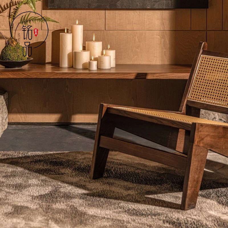 售楼处休闲洽谈会客沙发椅民宿中古藤编靠背椅侘寂风懒人躺椅桌椅