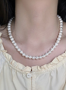 倪妮同款天然母贝珍珠项链女温莎蓝宝石澳白色珍珠颈链全珠链精品
