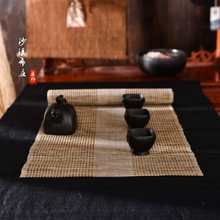 手工茶席布苧麻鏤空淺棕色禪意茶席布茶巾 日式 麻類桌旗桌布定制