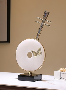 新中式金属琵琶摆件天然玉石平安扣工艺品电视柜玄关茶室乔迁装饰