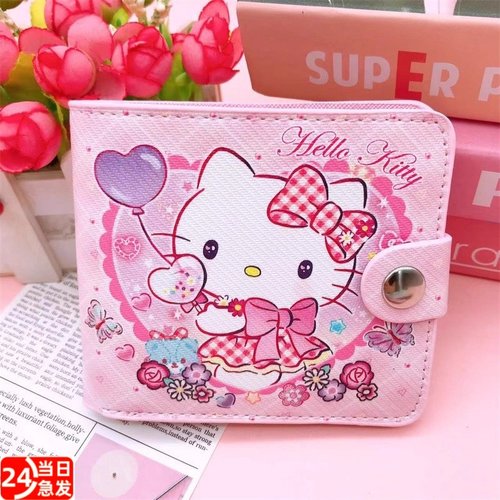 美乐蒂卡通对折钱包软萌可爱高颜值KT猫学生儿童带纽扣皮夹卡包女