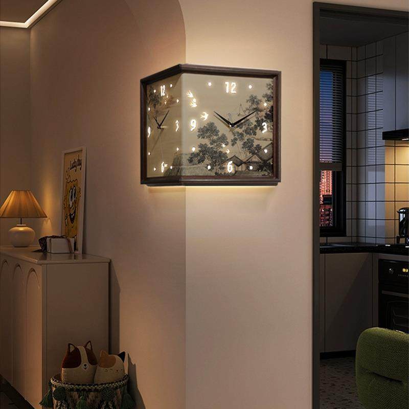 双面转角钟表挂钟客厅免打孔拐角时钟壁画灯墙角风景墙壁钟复古,3C数码配件,USB灯,淘宝优惠券,粉丝福利购,淘宝优惠卷