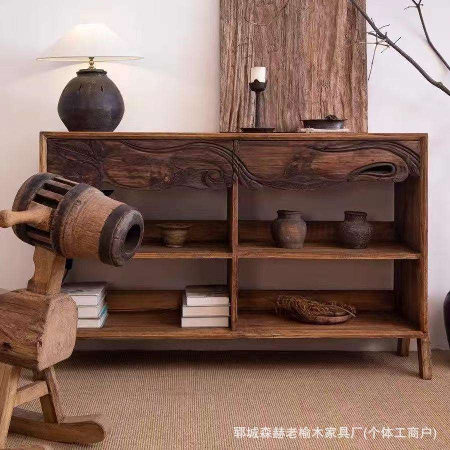 中古风老榆木博古架多宝阁茶具展示架饰品置物架老榆木实木餐边柜