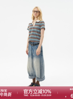 ROLLCALL25早秋新款蓝色POLO领短袖T恤亨利衫领撞色条纹休闲上衣