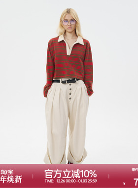 ROLLCALL25新款「古力娜扎」同款红色POLO领长T恤亨利领条纹上衣