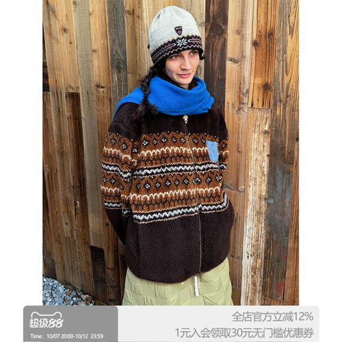 ROLLCALL羊毛费尔岛撞色围巾外套