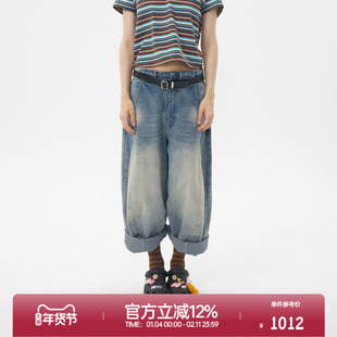 ROLLCALL25秋季新款蓝色复古自然腰休闲宽松直筒牛仔裤阔腿长裤女