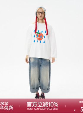 ROLLCALL25早秋新款白色苹果雨短袖T恤落肩袖印花街头风上衣女