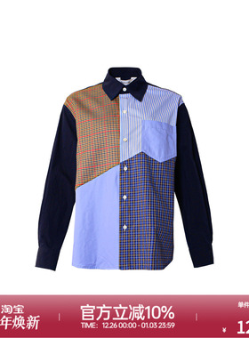 ROLLCALL25早秋新款黄色格纹拼色翻领衬衣扣子宽松长袖上衣