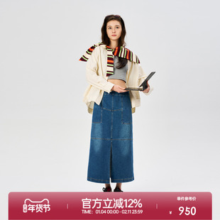 ROLLCALL25新款海军领长袖衬衫蓝色牛仔半裙开衩长裙显瘦