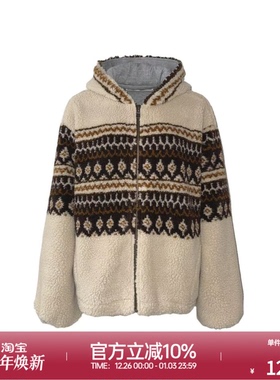 ROLLCALL 25秋冬新款杏色羊毛双面穿费尔岛连帽拉链休闲卫衣外套