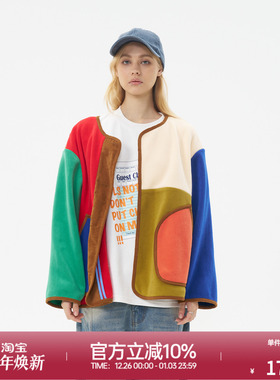 ROLLCALL25秋季新款红色撞色摇粒绒拼接外套拼色单排扣圆领开衫女