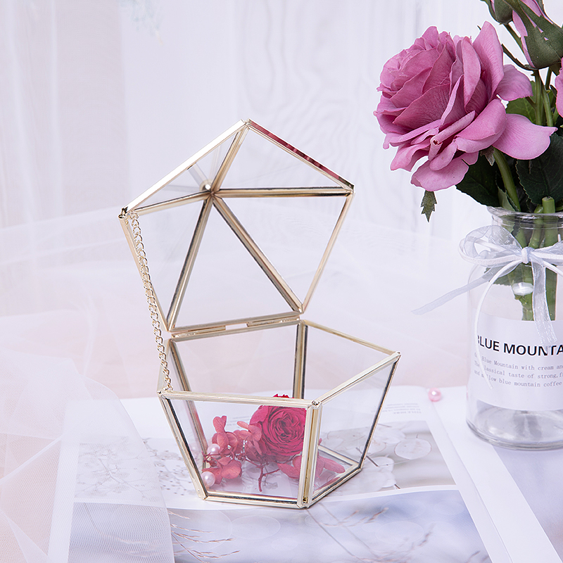 五角形几何玻璃花房复古铜色首饰盒永生花玻璃花器A13