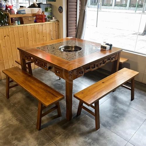 实木火锅桌商用大理石串串香圆桌电磁炉无烟一体火锅桌椅圆桌工厂