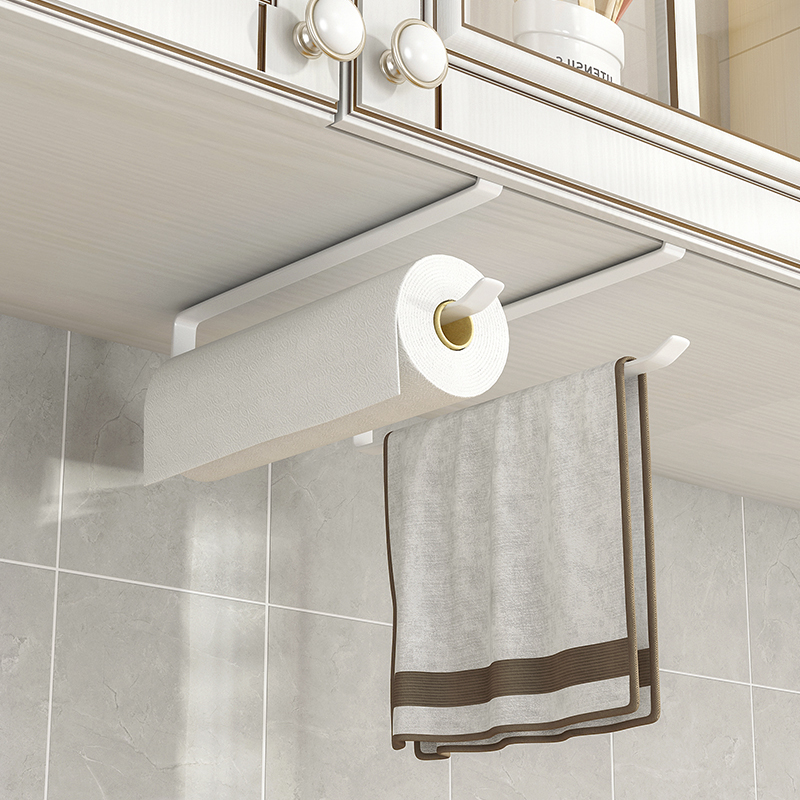 橱柜免打孔卷纸架吊m柜下抹布保鲜膜收纳架悬挂厨房置物架纸巾挂