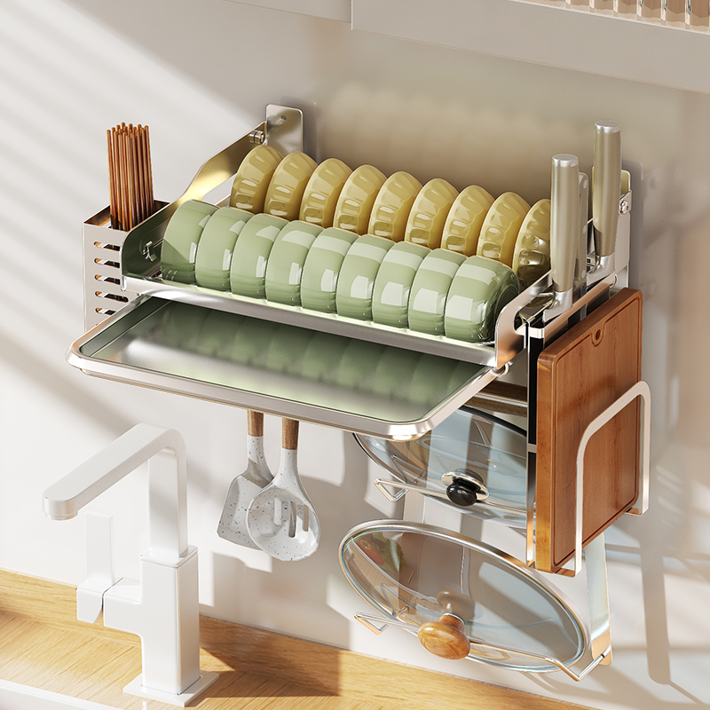 真304不锈钢碗碟置物架单层餐盘架免打孔壁挂收U纳架可放大小碗