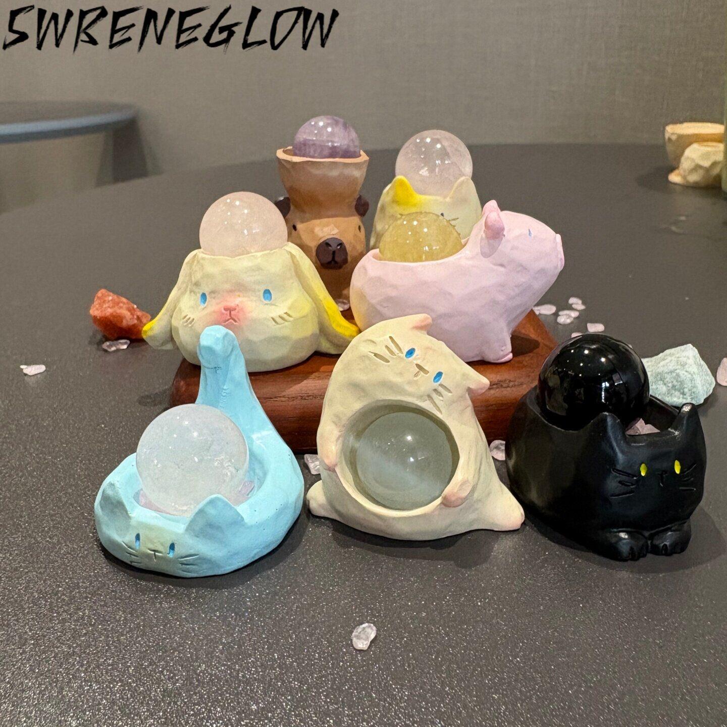 【有球必应】天然水晶球摆件白紫粉黑曜石生肖动物小豆丁原石招米