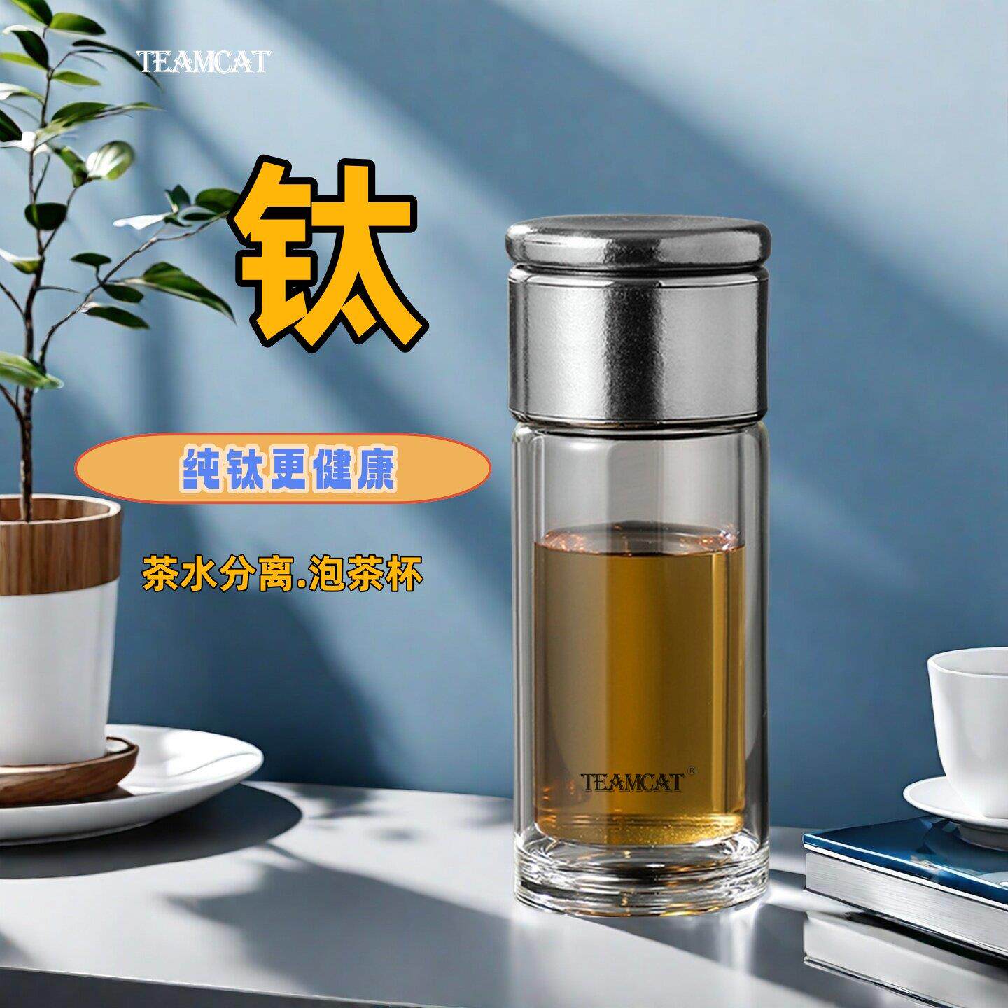 TEAMCAT纯钛双层茶水分离玻璃杯男士抗菌水杯可携式防烫车载泡茶