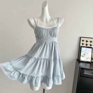 c家衣服站春氧日气感 蓝带色吊连衣裙女春季高腰身小个子蛋糕贴裙