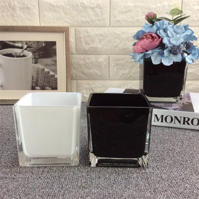 简约电镀花瓶g黑白色透明方缸正方形玻璃鱼缸水培摆件花艺用品花