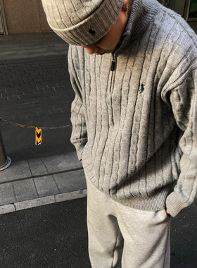 TZG (金戈铁马) 灰色RL半高领拉链毛衣男老钱风慵懒感加厚针织衫