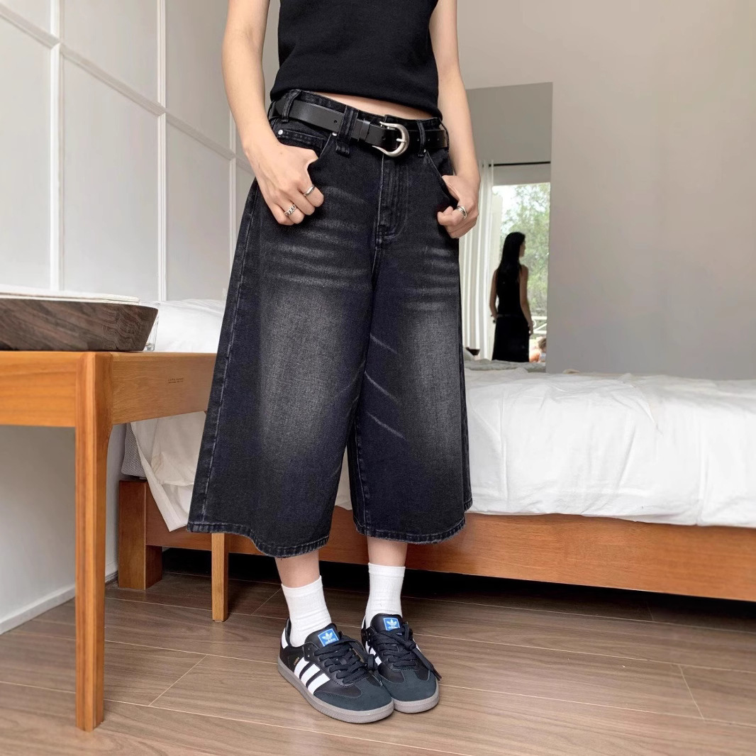高腰阔腿七分牛仔短裤女2024年春夏季新款水洗宽松休闲显瘦直筒裤