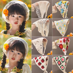 法式 蕾丝三角头巾女夏季 花朵复古发带飘带绑发可爱甜美田园风头饰