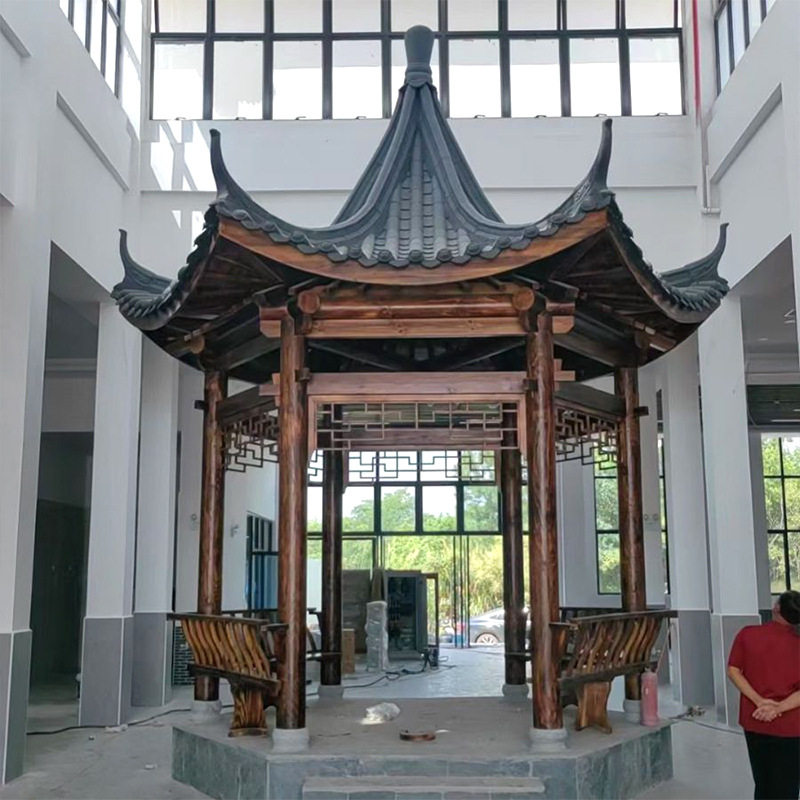 凉亭实木小青瓦六角凉亭古建长廊户外庭院仿古四角凉亭家用别墅