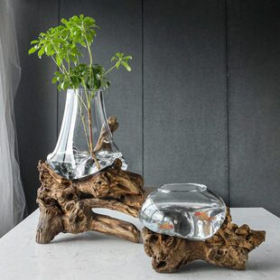 民宿摆件样板间鱼缸玻璃花瓶落地装饰品软装现代简约高端根雕木头