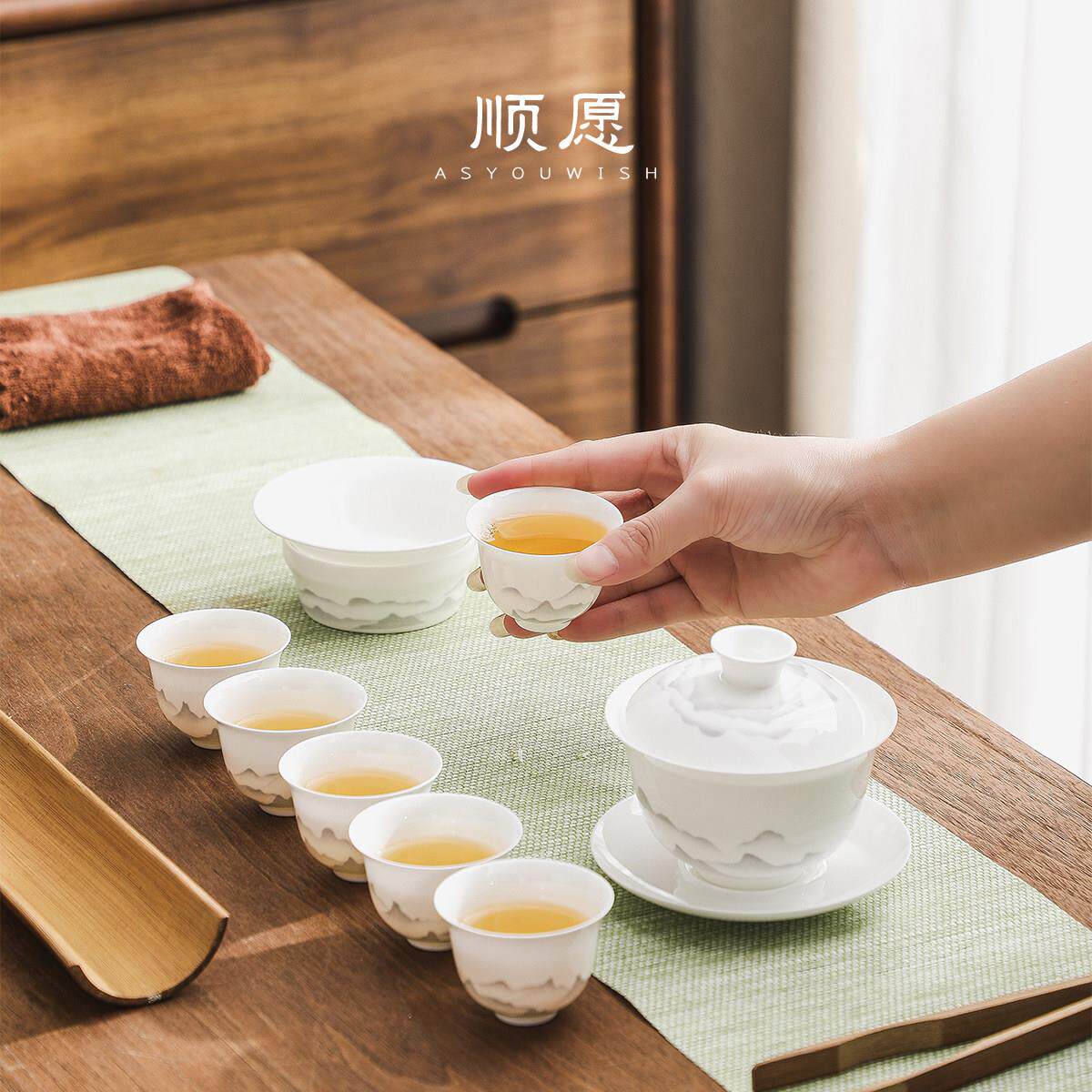 骨瓷茶具套组功夫茶具高档图案手绘薄胎家用泡茶盖碗茶杯公道杯