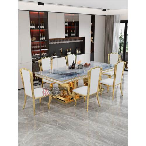 高端港式微晶石餐桌餐厅家用长方形餐桌椅组合轻奢现代大理石饭桌