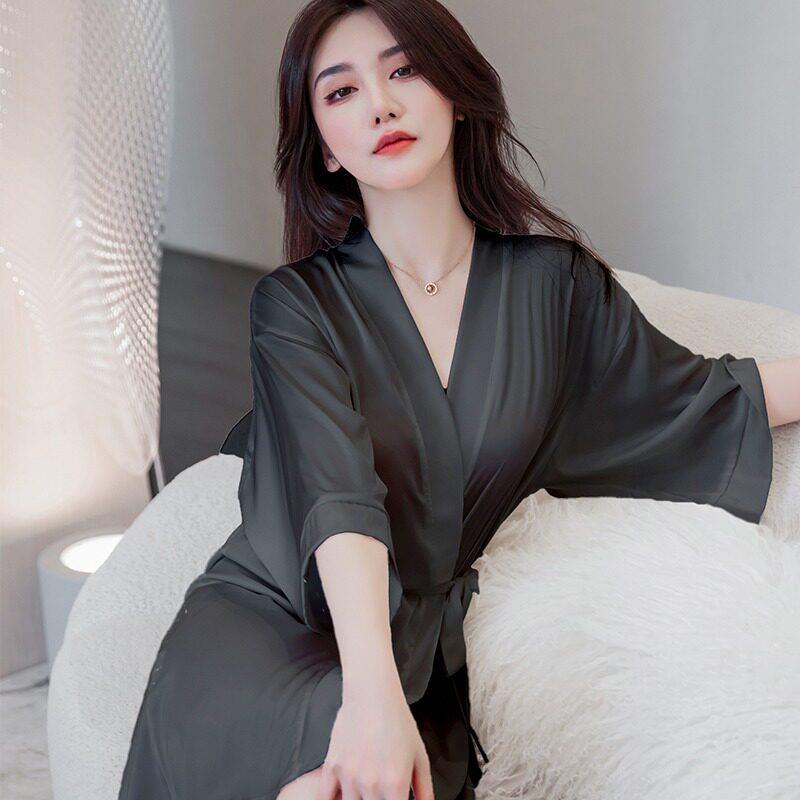冰丝睡衣女夏季中长版丝绸垂感睡袍晨袍七分袖纯欲高级黑色浴袍春