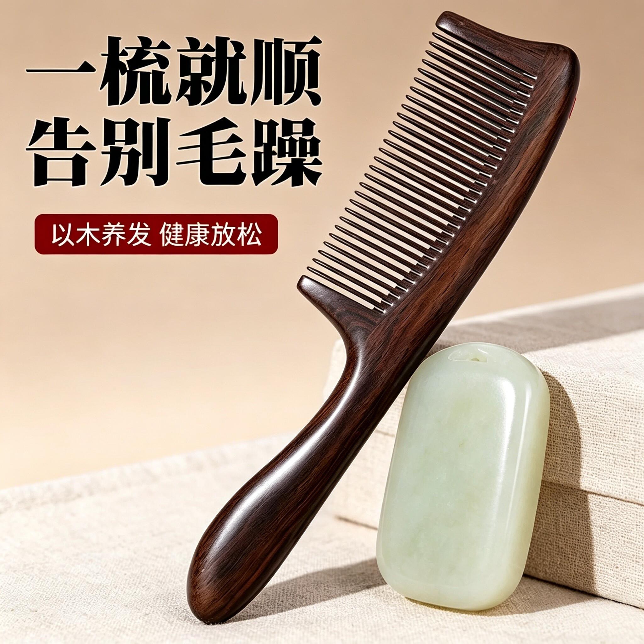 谭木千匠加厚天然黑檀木梳子女家用宽齿檀木梳按摩头皮经络大木梳