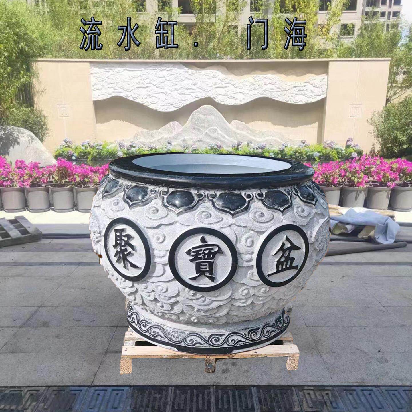 石雕花盆载庭院青石荷花流水仿古圆形花钵户外园林石头水鱼缸雕塑