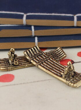 纯黄铜竹排香插竹筏流水假山景观配饰孤舟老翁Q小船渔翁钓鱼小摆