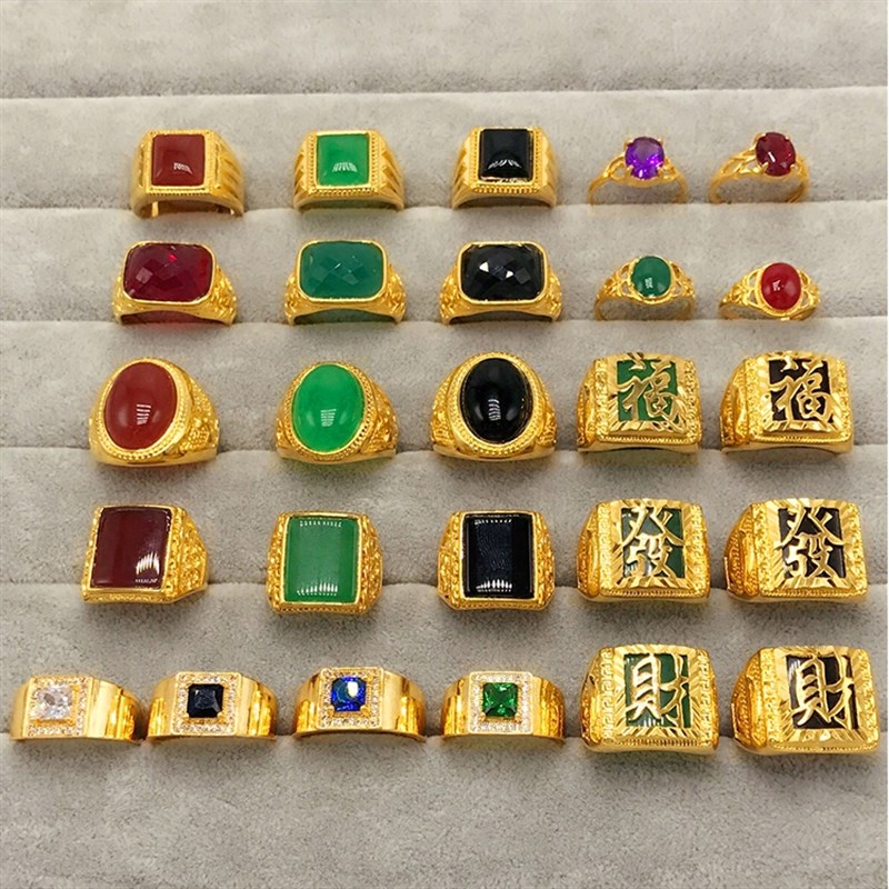 越南沙金戒指男女士活口镀金玛瑙宝石戒指环福财发V字个性潮男戒