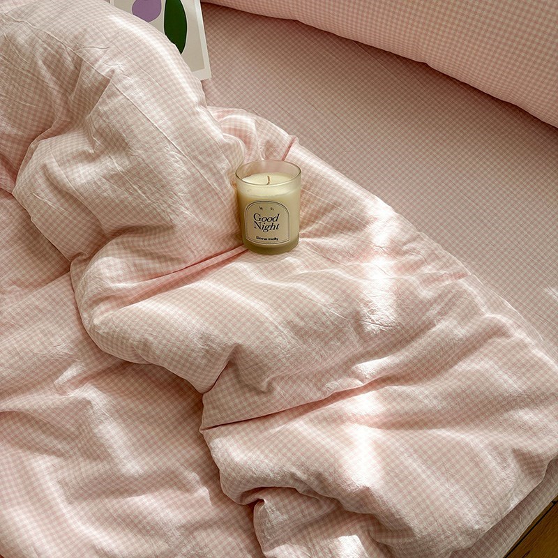 水洗棉迷你浅粉格日式床单单件全棉被单纯色格Q子被套可配三四件
