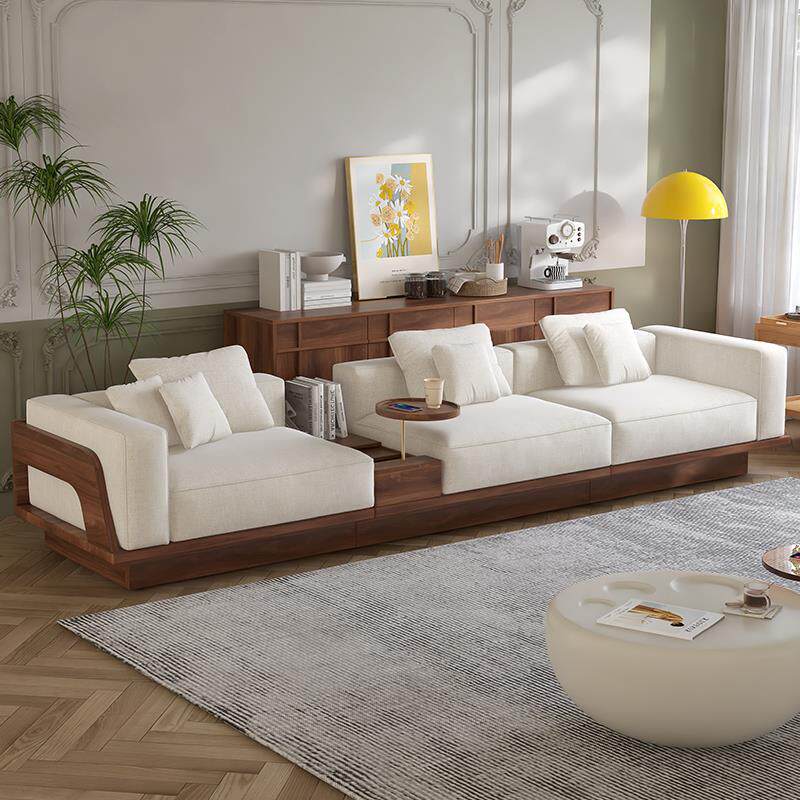 中古风复古实木沙发北欧简约小户型直排现代地平线地台布艺羊羔绒