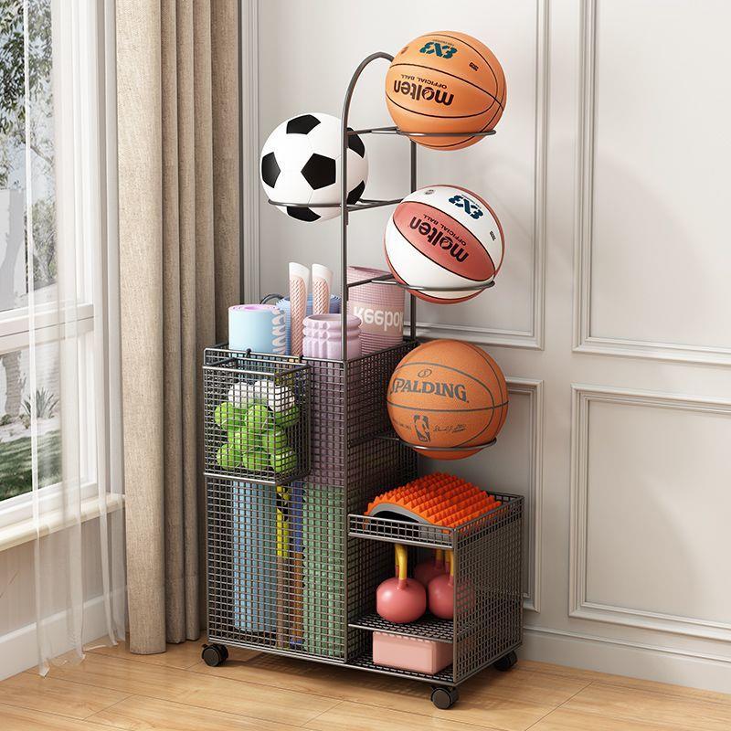 篮球收纳架家用室内运动健身器材置物架羽毛球类瑜伽垫收纳筐带轮
