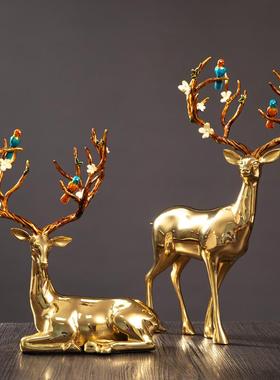 珐琅彩高档铜鹿摆件客厅高级家居装饰品酒柜玄关轻奢高端进门入户